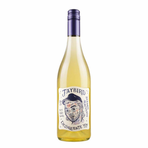 Bottle shot of Delinquente Jaybird Bianco Macerato 2022, produced by Delinquente Wine Co., buy classic and natural wine online on Primal Wine, the best wine shop in the United States – primalwine.com