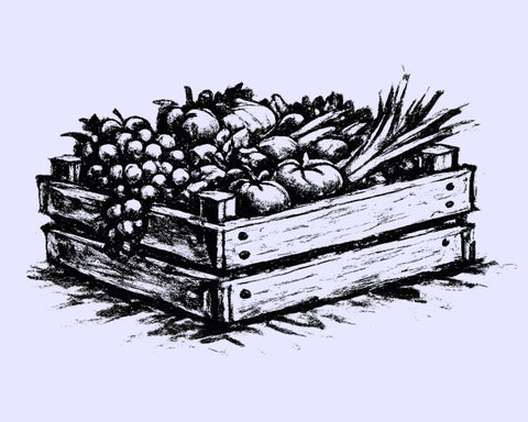 Box of organic fruit and vegetables held by a person, natural wine, organic wine.