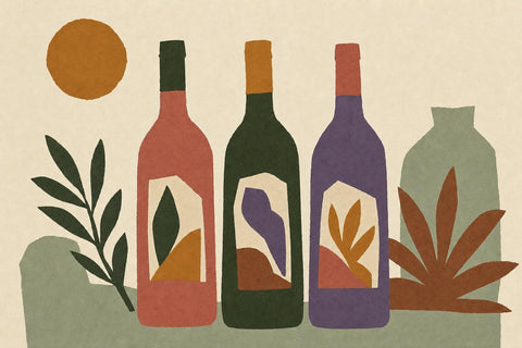 Illustration of three wine bottles in pink, dark green and purple, standing between leafy plants under an orange sun