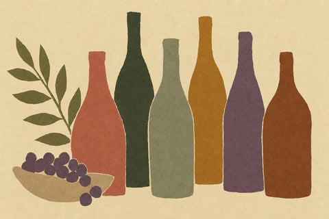 Illustration of six wine bottles in terracotta, dark green, sage green, mustard, purple and rust, next to a bowl of purple grapes and a leafy branch