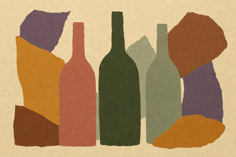 Illustration of three wine bottles in terracotta, dark green and sage green, set against torn paper shapes in purple, mustard and rust
