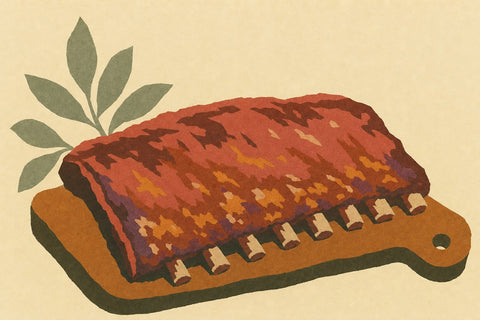 Paper-cutout illustration of a rack of glazed pork ribs on a wooden board