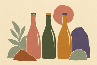 Illustration of three crown-capped bottles in pink, dark green and amber, standing between leaves and rounded hills