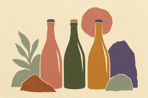 Illustration of three crown-capped bottles in pink, dark green and amber, standing between leaves and rounded hills