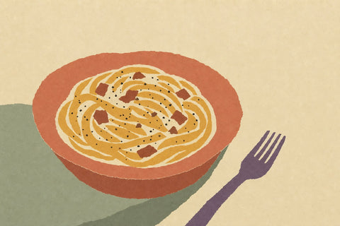 Paper-cutout illustration of a bowl of spaghetti carbonara with guanciale and black pepper