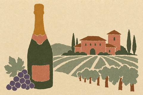 Illustration of a sparkling wine bottle with a pink label and a bunch of purple grapes in front of vineyard rows leading to a pink stone winery with cypress trees