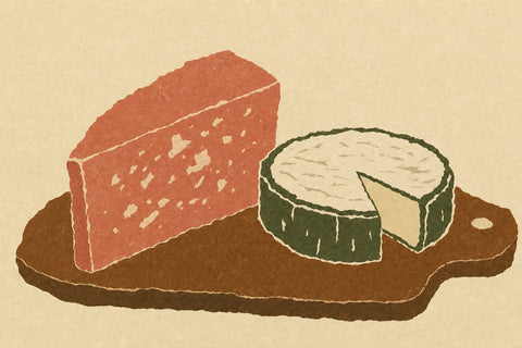 Paper-cutout illustration of a cheese board with a hard cheese wedge and a round of brie