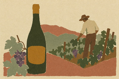 Illustration of a dark green wine bottle with a gold label and a bunch of purple grapes, beside a grower in a wide-brimmed hat working the vines on a red hillside