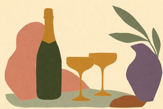 Illustration of a dark green sparkling wine bottle with two amber coupe glasses, a purple vase and olive branches