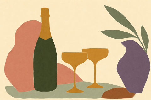 Illustration of a dark green sparkling wine bottle with two amber coupe glasses, a purple vase and olive branches