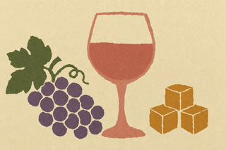 Illustration of a glass of red wine, a bunch of grapes and a stack of sugar cubes