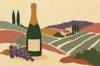 Illustration of a Champagne bottle and a bunch of purple grapes beside striped vineyard rows, a stone farmhouse and cypress trees