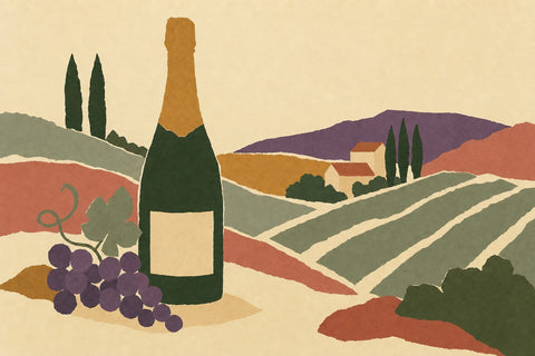 Illustration of a Champagne bottle and a bunch of purple grapes beside striped vineyard rows, a stone farmhouse and cypress trees