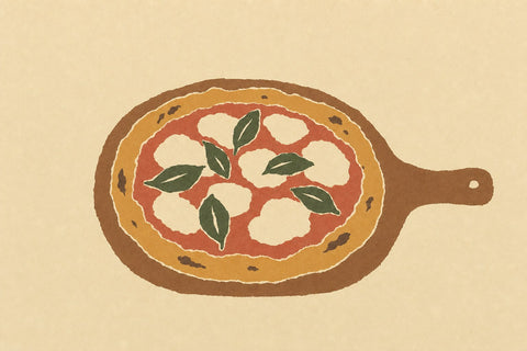 Paper-cutout illustration of a margherita pizza with basil leaves on a wooden peel