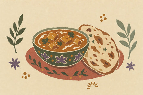 Paper-cutout illustration of a bowl of curry with naan bread