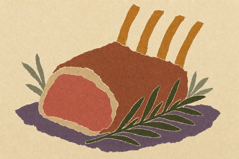 Paper-cutout illustration of a roast rack of lamb with rosemary
