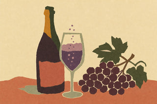 Illustration of a bottle of sparkling red Lambrusco, a glass of purple foaming wine and a bunch of dark grapes
