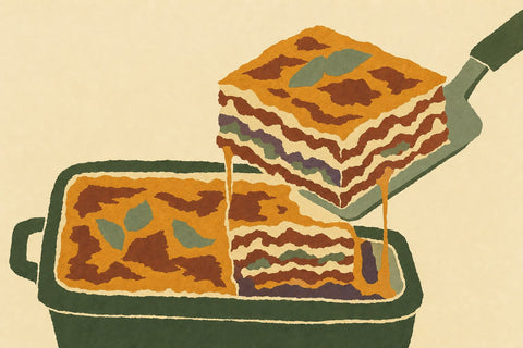Paper-cutout illustration of a slice of lasagna lifted from a baking dish