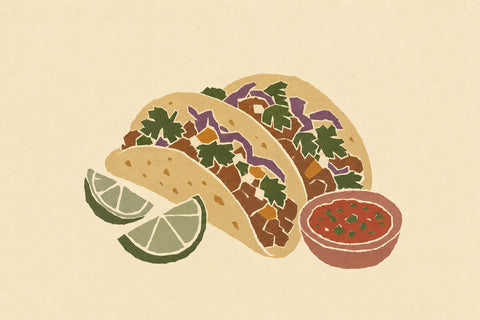 Paper-cutout illustration of 3 soft corn tacos with lime wedges and a bowl of salsa
