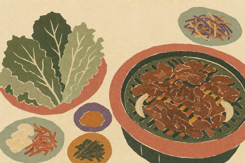 Paper-cutout illustration of a Korean BBQ grill with bulgogi, lettuce leaves and small side dishes