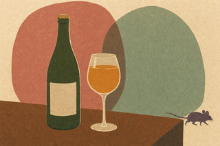 Illustration of a crown-capped wine bottle and a glass of orange wine on a table, with a small mouse walking off the edge
