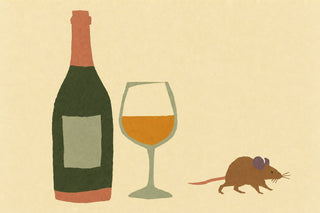 Illustration of a wine bottle and a glass of orange wine, with a small mouse walking away