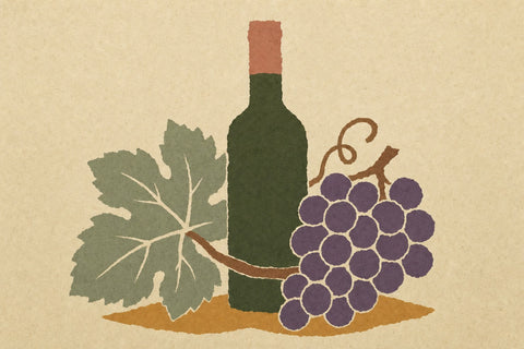 Paper-cutout illustration of a wine bottle, a grape cluster and a vine leaf