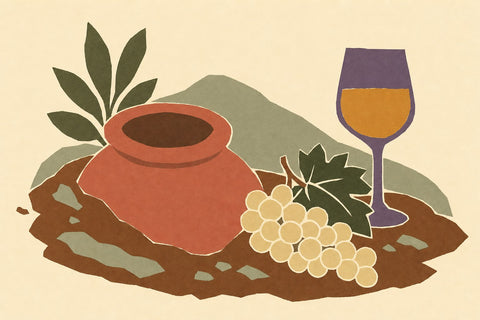 Illustration of a clay jar set into the ground, a bunch of white grapes and a glass of amber wine