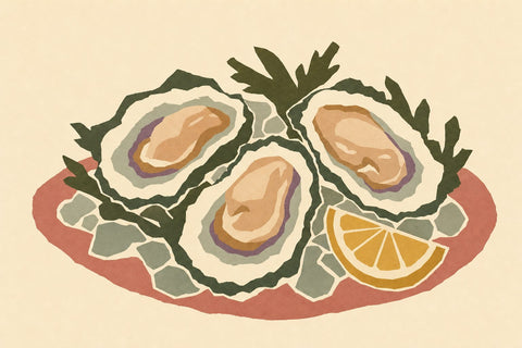 Paper-cutout illustration of oysters on the half shell over crushed ice with a lemon wedge