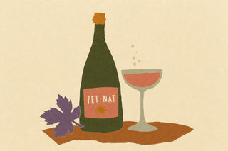 Illustration of a green bottle labeled PET-NAT beside a coupe glass of pink sparkling wine and a purple vine leaf