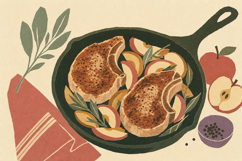Paper-cutout illustration of seared pork chops in a cast iron pan with apple slices