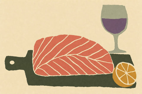 Paper-cutout illustration of a salmon fillet on a board with a lemon half and a glass of red wine