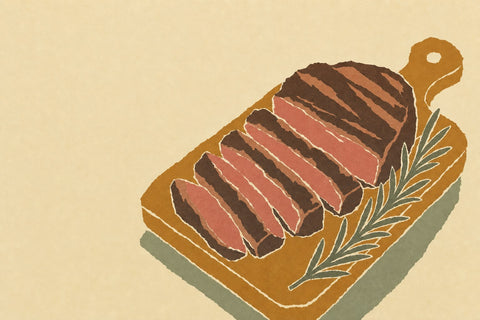 Paper-cutout illustration of a sliced grilled steak on a wooden board with rosemary