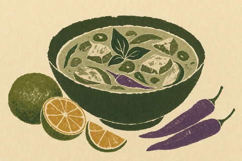 Paper-cutout illustration of a bowl of green curry with limes and chilies