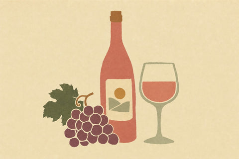 Paper-cutout illustration of a bottle of rosé wine, a glass of rosé and a bunch of red grapes