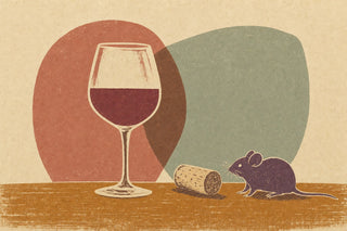 Illustration of a glass of red wine, a cork lying on its side and a small mouse sitting beside it