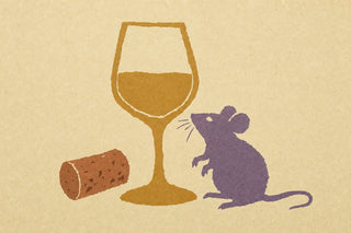 Illustration of a glass of wine, a cork and a small mouse