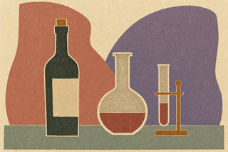 Illustration of a dark wine bottle beside a laboratory flask and a test tube holding red wine
