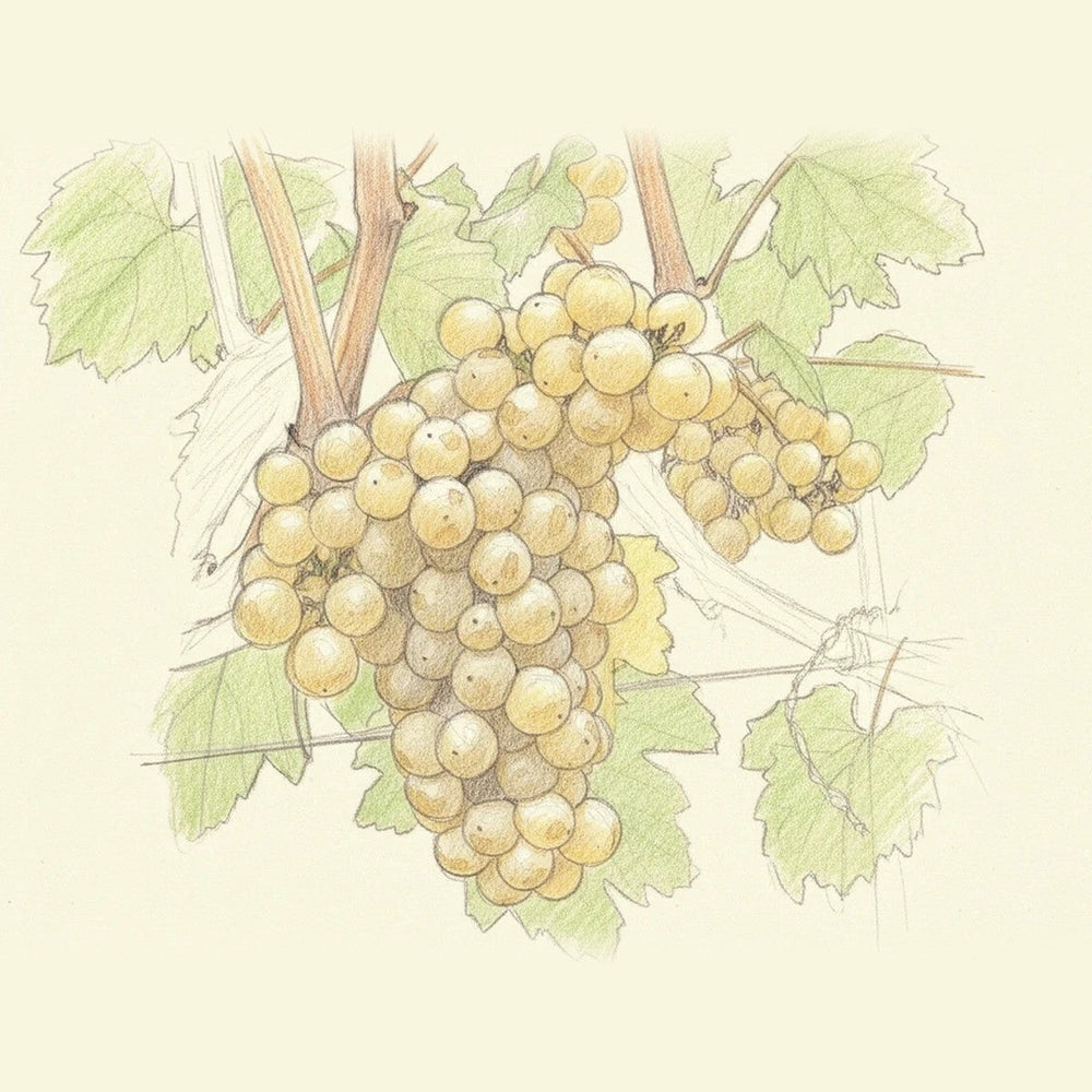 Colored pencil drawing of a bunch of Chardonnay grapes