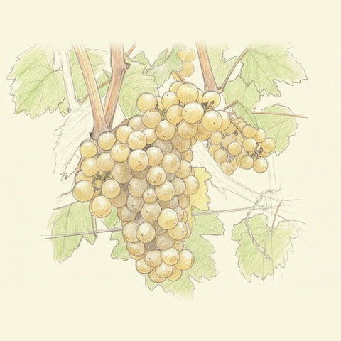 Colored pencil drawing of a bunch of Chardonnay grapes