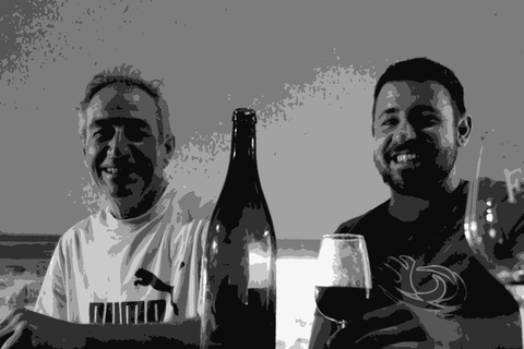 Winemaker Romain Zordan (right) with his father at Château de Grand Pré, sharing a glass of wine