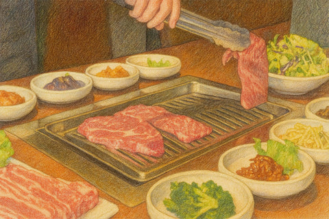 A spread of Korean food dishese including rice, kimchi, banchan, vegetables, on a restaurant table; natural wine, primal wine - primalwine.com