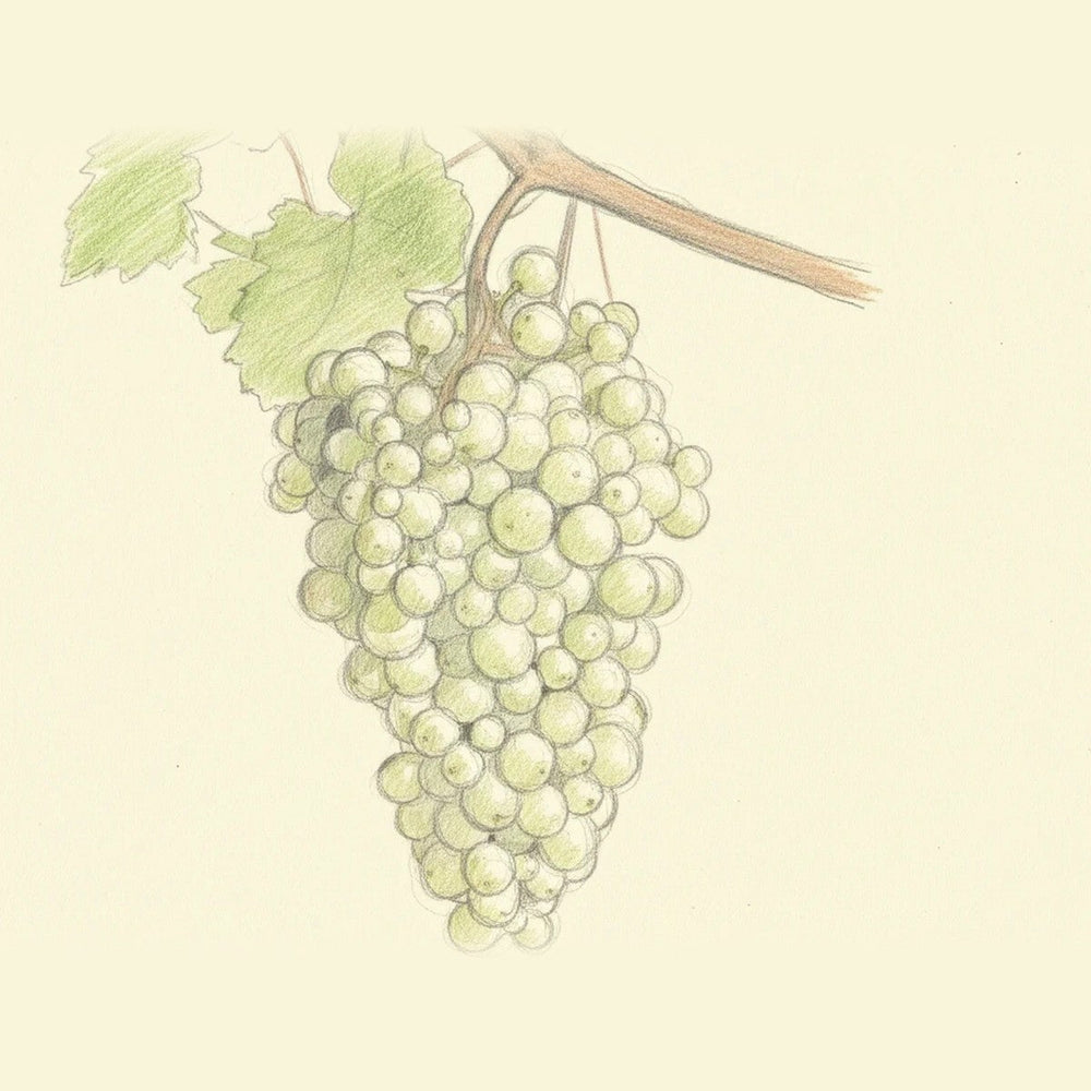 Colored pencil drawing of a bunch of Glera grapes