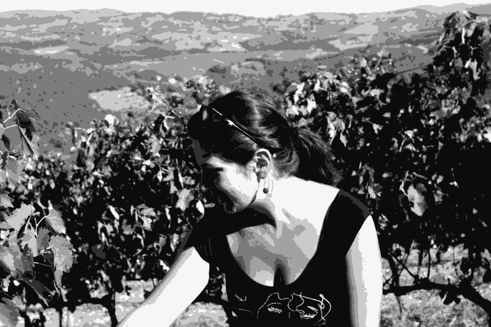 Angela Fronti of Istine among the vines above Radda in Chianti, with the Tuscan hills behind