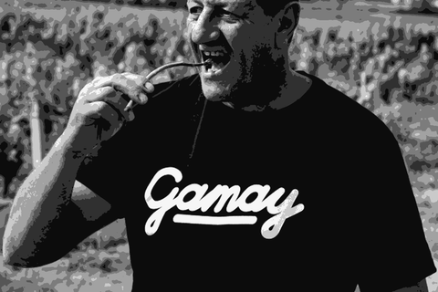 Karim Vionnet in his Beaujolais vineyard wearing a Gamay t-shirt