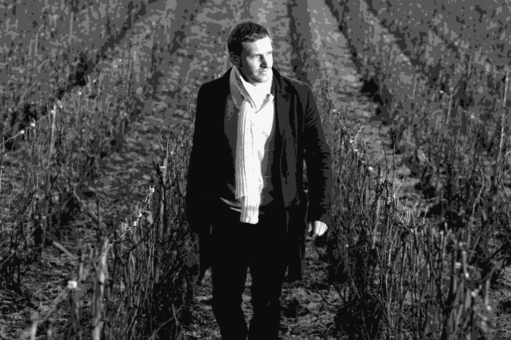 Aurélien Laherte walking through winter Champagne vines at Laherte Frères