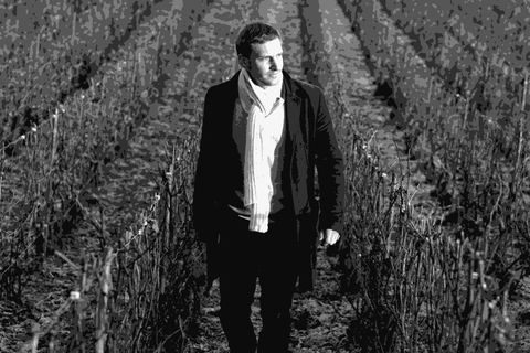 Aurélien Laherte walking through winter Champagne vines at Laherte Frères