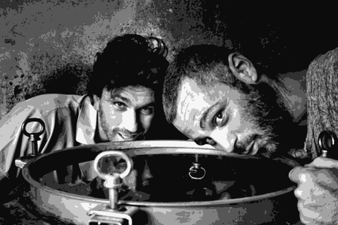 Davide Gentile and Marco Giuliani of Lammidia peering into a concrete tank