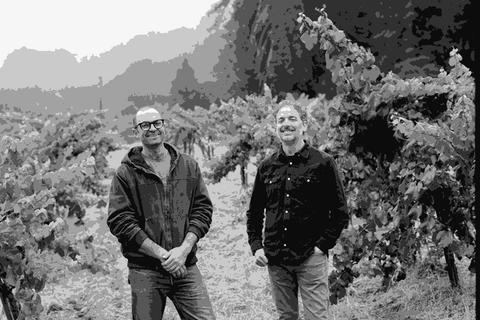 Shaunt Oungoulian and Diego Roig of Les Lunes Wine standing in a foggy California vineyard