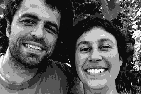 Vincent and Aurelie Garreta of Les Maou smiling together in their Vaucluse vineyard